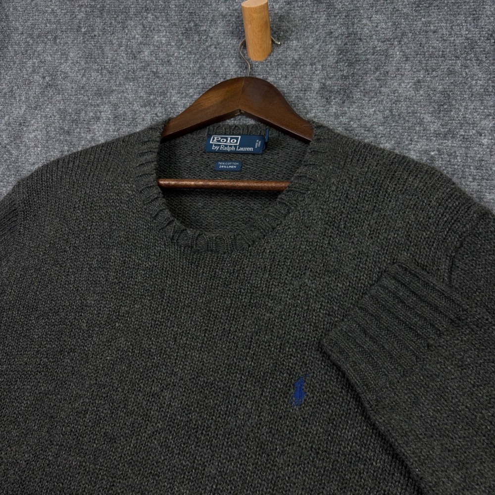 Polo Ralph Lauren Sweater Mens XXL Grey Cotton Linen V-Neck Knit Pullover Pony